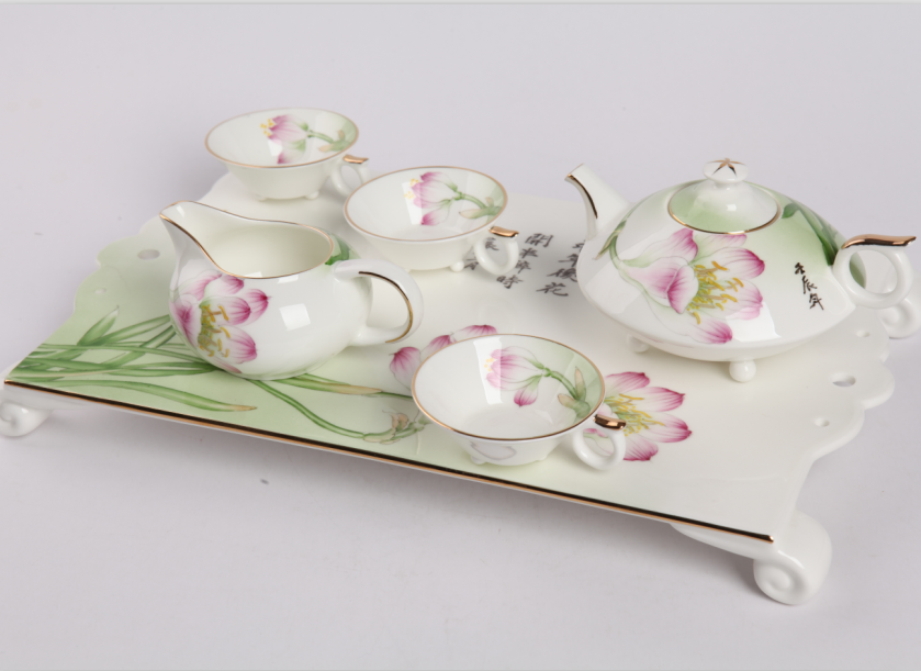9头手绘赏花长方托盘骨质瓷茶具